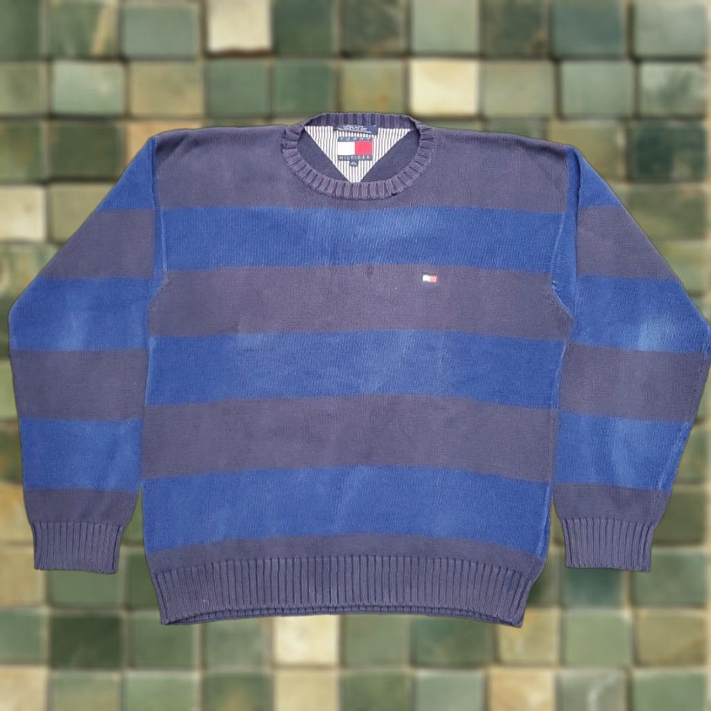 Tommy Hilfiger VINTAGE Tommy Hilfiger Sweater Men XL Blue Striped Cotton Crewneck Pullover VTG Size US XL / EU 56 / 4 - 1 Thumbnail