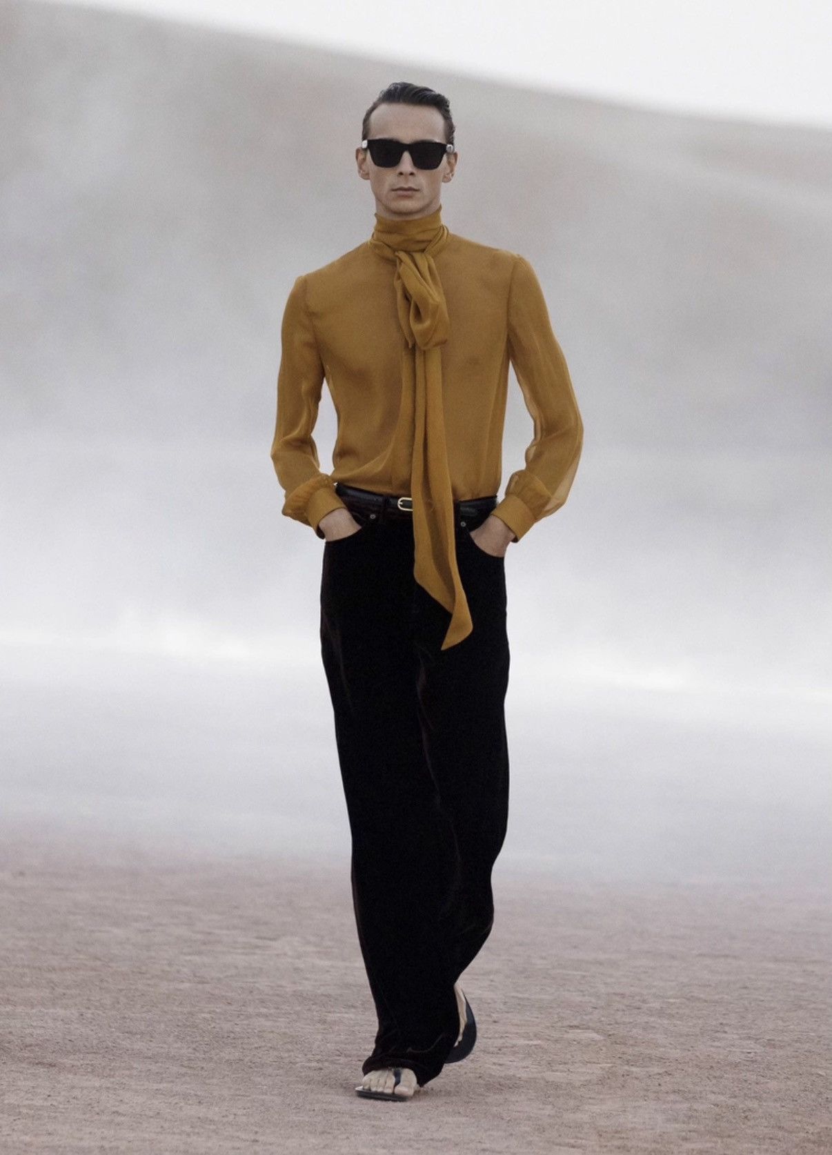 Saint Laurent Paris Saint Laurent 23SS Brown/Yellow Sheer Silk Bow Tie Shirt Size US S / EU 44-46 / 1 - 8 Thumbnail