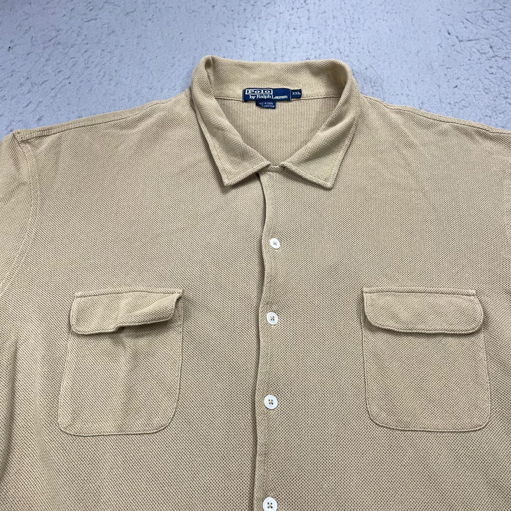 Polo Ralph Lauren VINTAGE Polo Ralph Lauren Shirt Mens 2XL Short Sleeve Button-Up Knit Pocket Chest Beige Cotton Knit Camp Textured Size US XXL / EU 58 / 5 - 2 Thumbnail