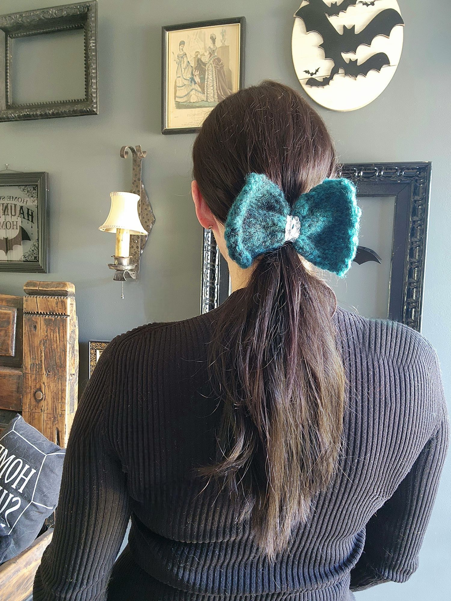 Handmade Knit Hair Bow, Handknitted Teal Ombre Ponytail Holder or Hai Size ONE SIZE - 1 Thumbnail