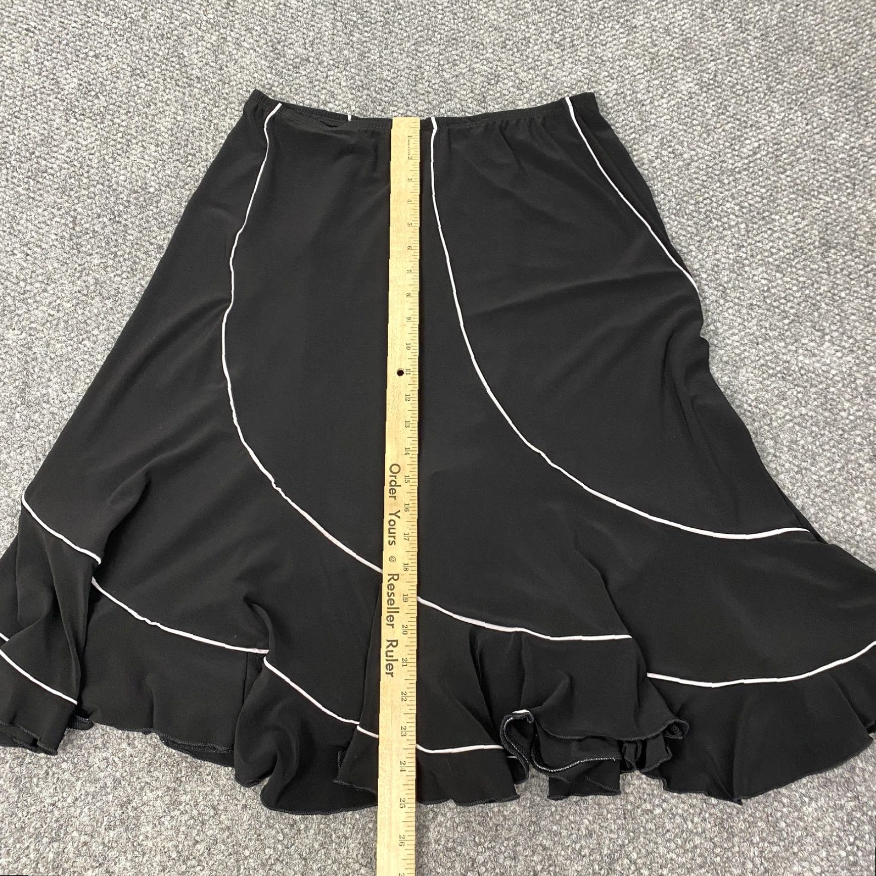 Vintage Susan Lawrence Skirt Womens L Black White Piping Ruffle Made in USA Stretch Elastic Waist A-Line Knee Length Jersey Polyester Spandex Solid Size 36" / US 14 / IT 50 - 7 Thumbnail