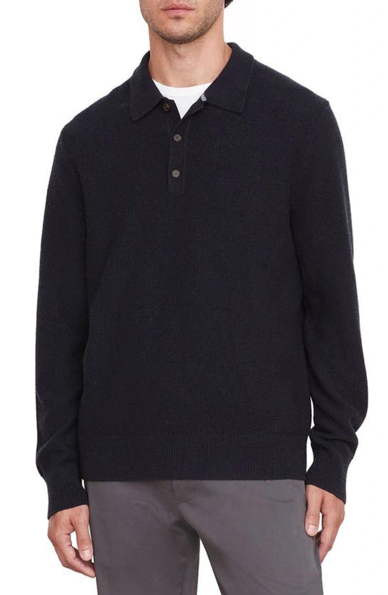 image of Vince Cashmere Seed Stitch Long Sleeve Polo in Navy, Men's (Size Small)