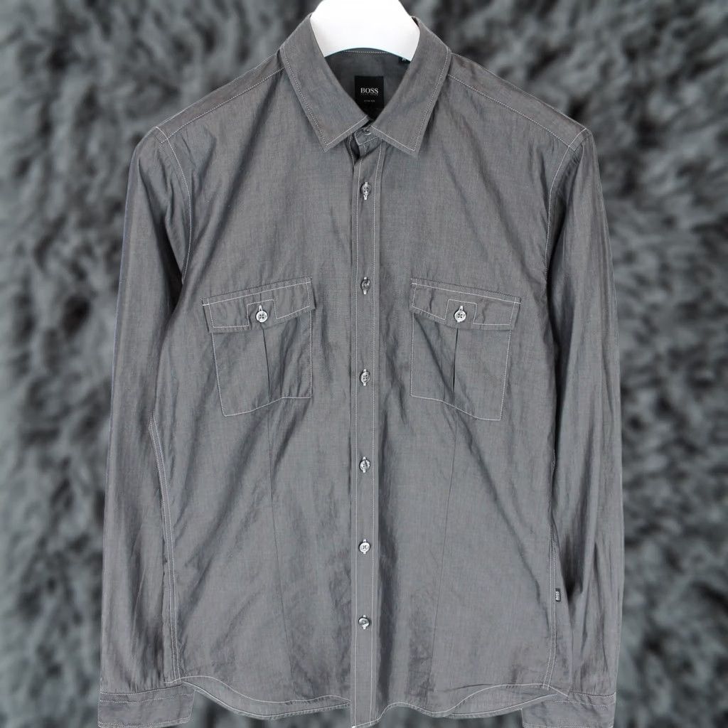 Hugo Boss Hugo Boss Shirt Mel Slim Fit Button Up Spread Collar Grey Men's MEDIUM Size 40R - 1 Thumbnail