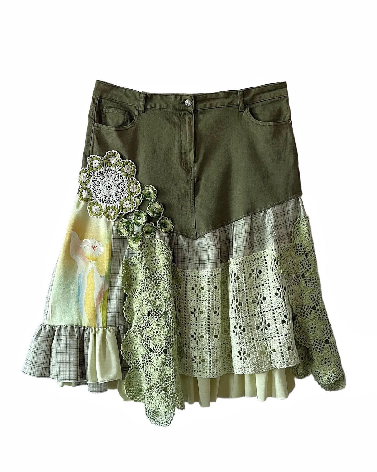 Custommade Upcycled Denim Patchwork Skirt with Vintage Kimono & Crochet Size 36" / US 14 / IT 50 - 1 Thumbnail