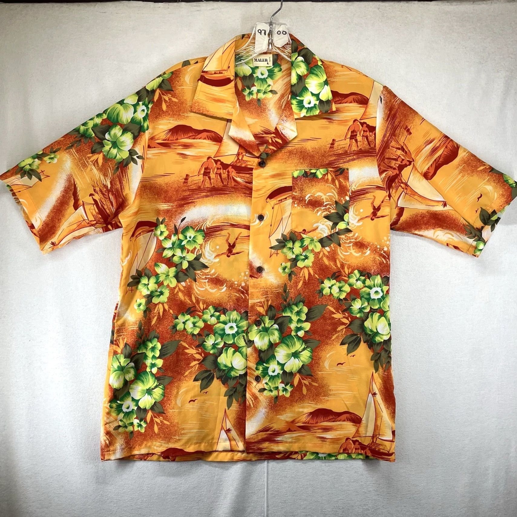 Vintage VINTAGE Maler Hawaiian Shirt Button-Up Men's Short Sleeve 43 in Chest Orange Green Hibiscus Floral Beach Retro Size US M / EU 48-50 / 2 - 2 Thumbnail