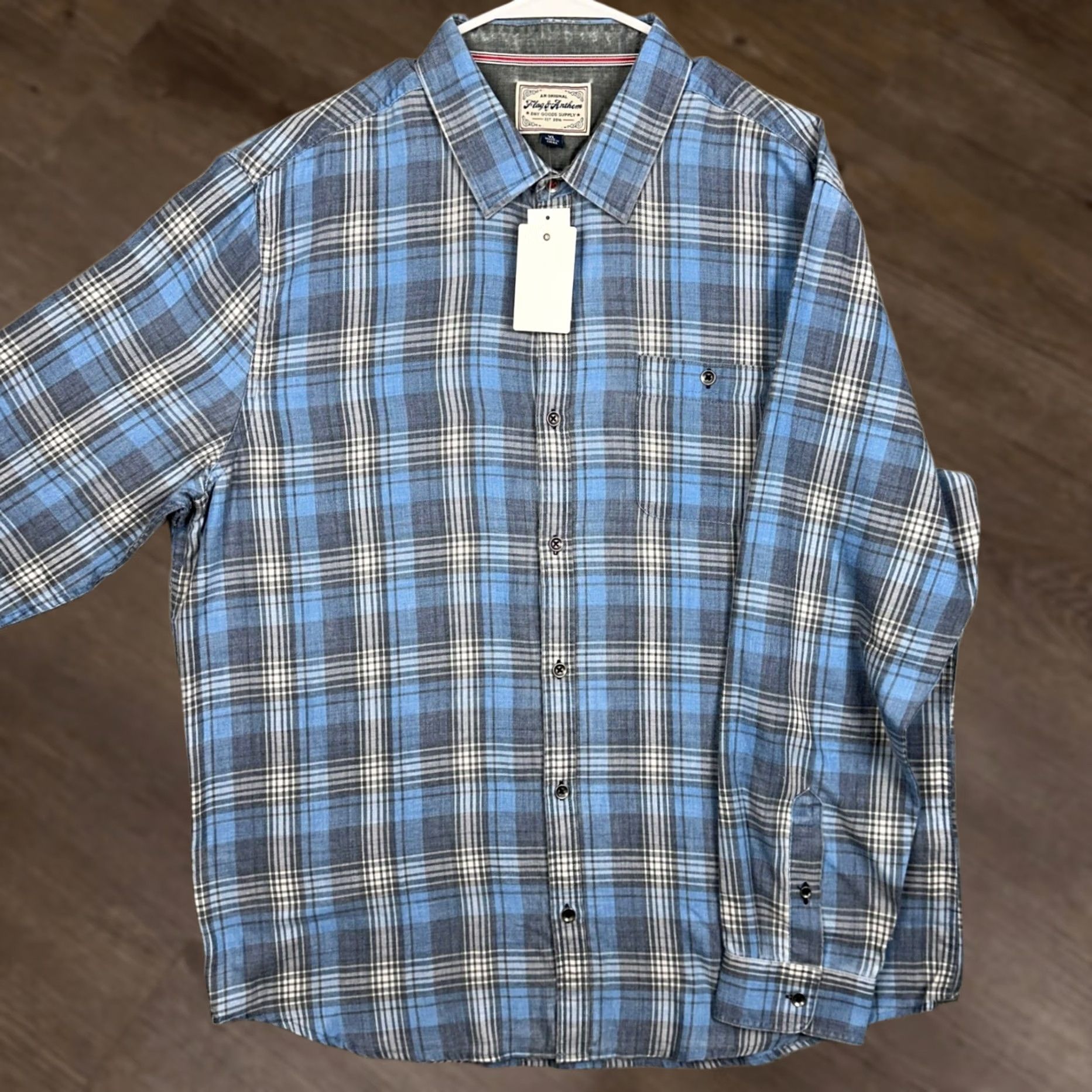 Flag & Anthem Flag & Anthem Shirt Plaid Button-Up Long Sleeve Men XL Blue Gray Casual Workwear Modern Classic Fit Jacket Style Size US XL / EU 56 / 4 - 1 Thumbnail