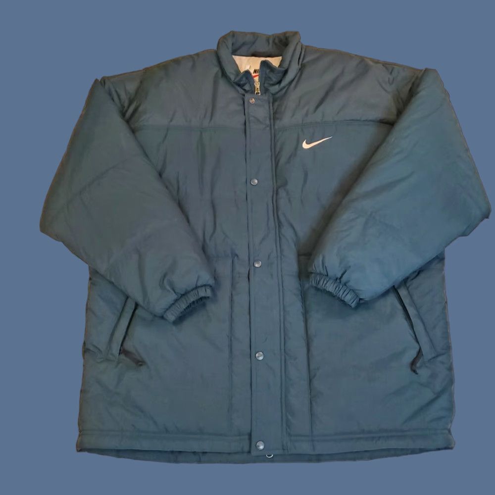 VINTAGE Nike Puffer Jacket Men XL Dark Green White Tag 90s Coat Winter Full Zip