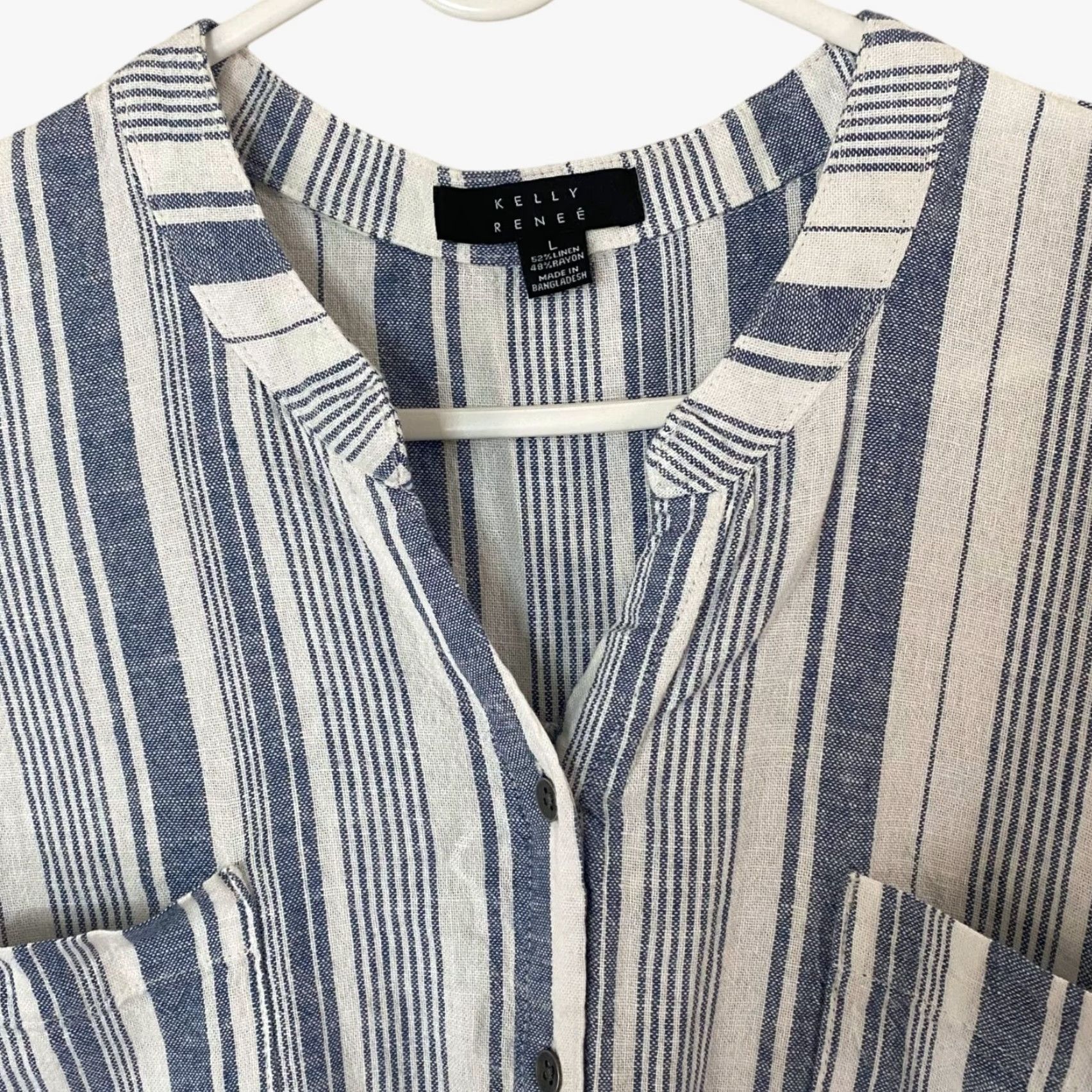 Vintage Kelly Renee Sleeveless Linen Blend Romper Blue White Pockets Women's Large Size 36" / US 14 / IT 50 - 5 Thumbnail