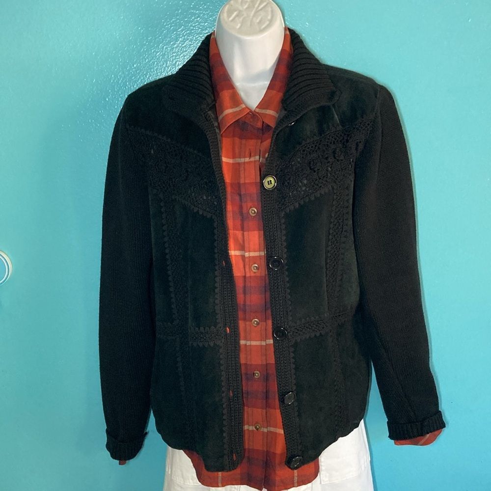 Vintage Maurice Sasson Vintage 90's Black Leather & Knit Cardigan Sw Size S / US 4 / IT 40 - 9 Thumbnail