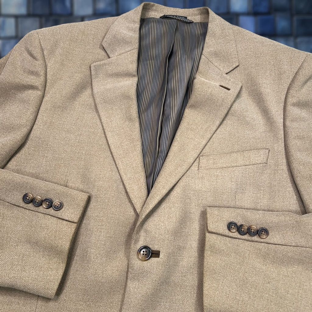 Vintage Savile Row Jacket Mens 44 Beige Carmel Suit Sport Coat Formal London Wedding Size 44R - 1 Thumbnail
