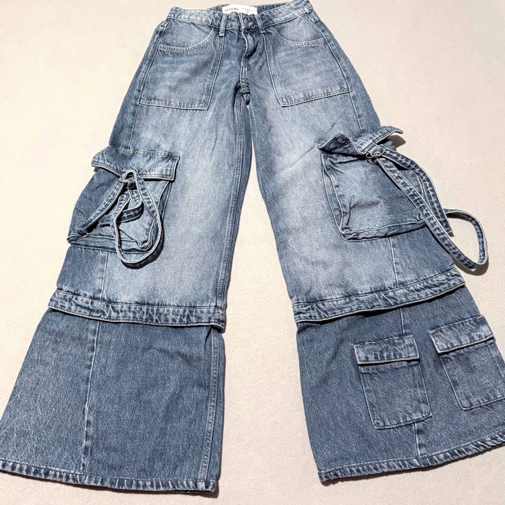 Bershka Bershka Jeans Women Blue Mid Cargo Flared Relaxed Baggy Y2K 00 Vintage City 90s Bohemian Logo Size 24" / US 00 / IT 34 - 2 Thumbnail