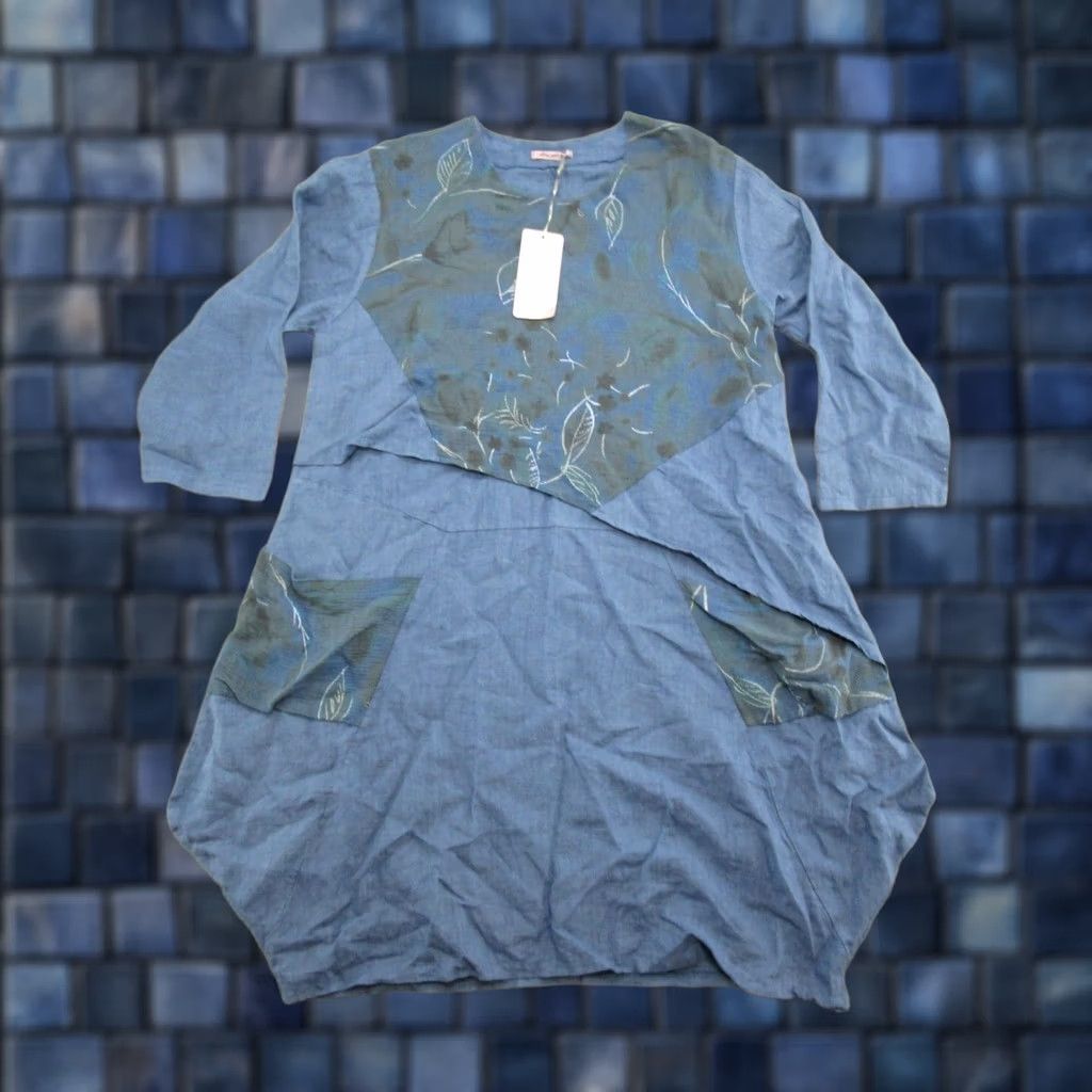 Vintage Obsession Floral Linen Tunic Dress Blue READ Womens One Size Long Shirt Dress Italy Made Size ONE SIZE - 1 Thumbnail