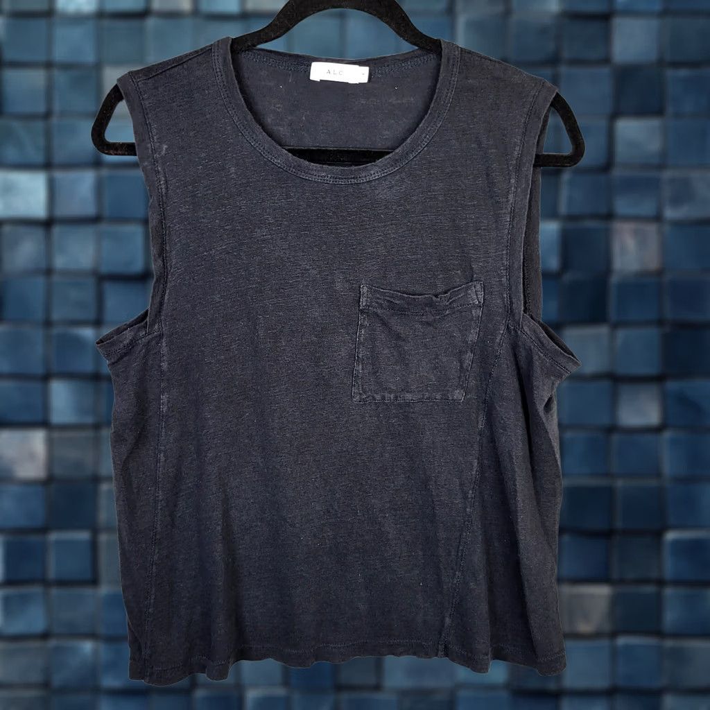 Vintage A.L.C Tank Top Women’s Black Linen Pocket Front Size M Sleeveless 100% Knit Shirt Blouse Casual Summer Spring Regular Womens Size M / US 6-8 / IT 42-44 - 1 Thumbnail