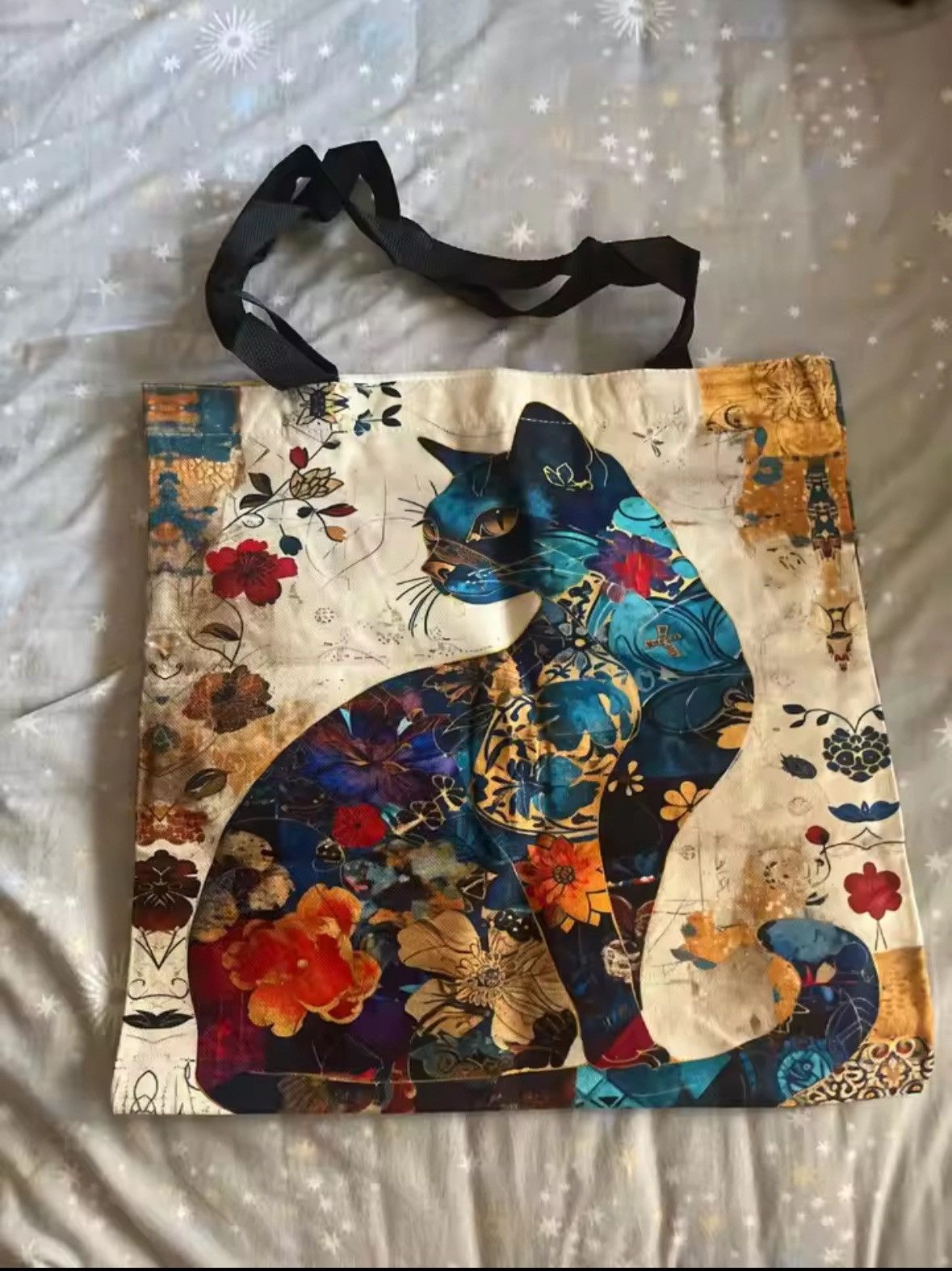 Japanese Brand Floral Cat Pattern Tote Bag, Aesthetic Canvas School Size ONE SIZE - 6 Thumbnail
