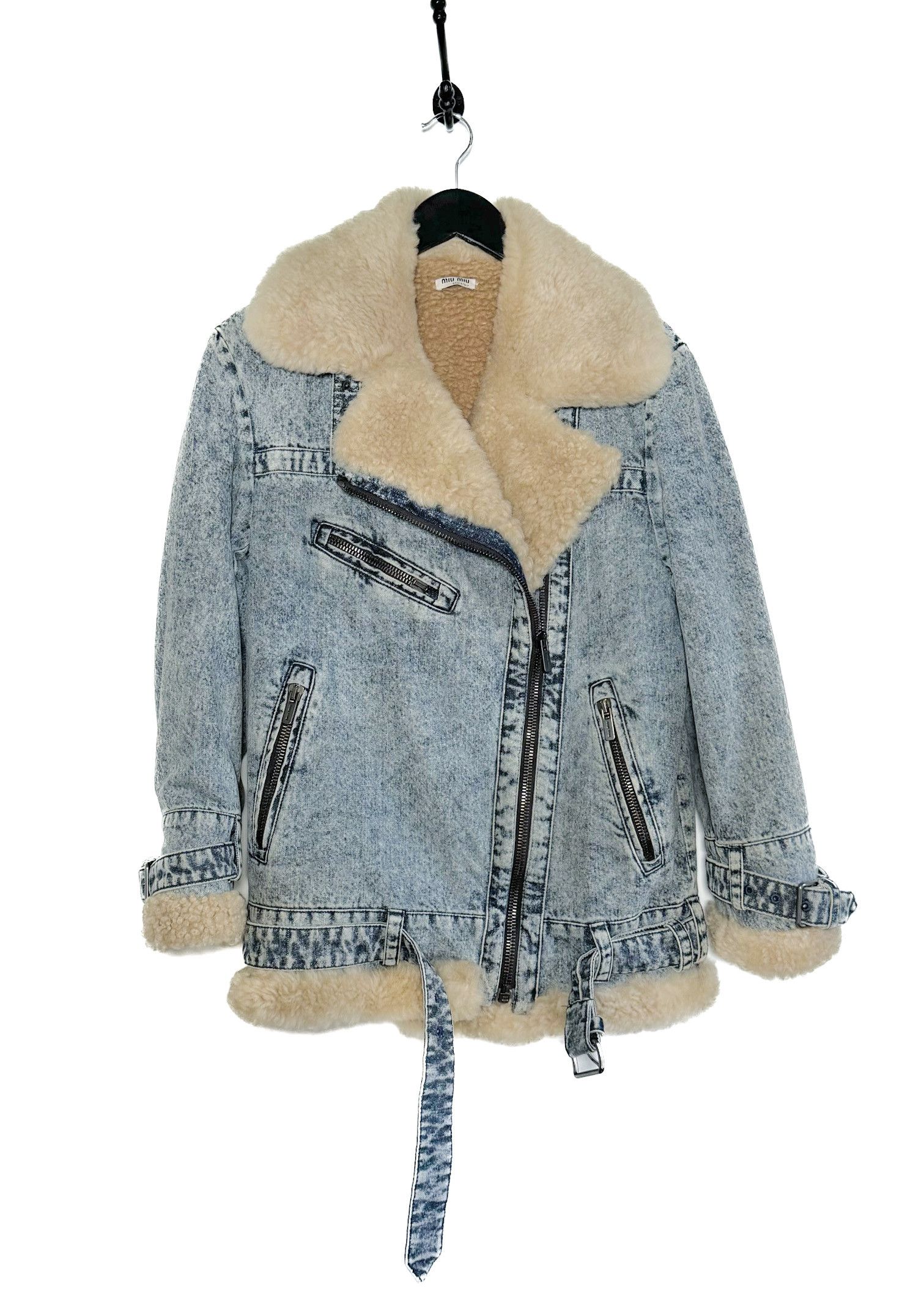 Miu Miu Miu Miu FW 2019 Blue Denim Shearling Aviator Biker Jacket Size XXS / US 00 / IT 34 - 1 Thumbnail