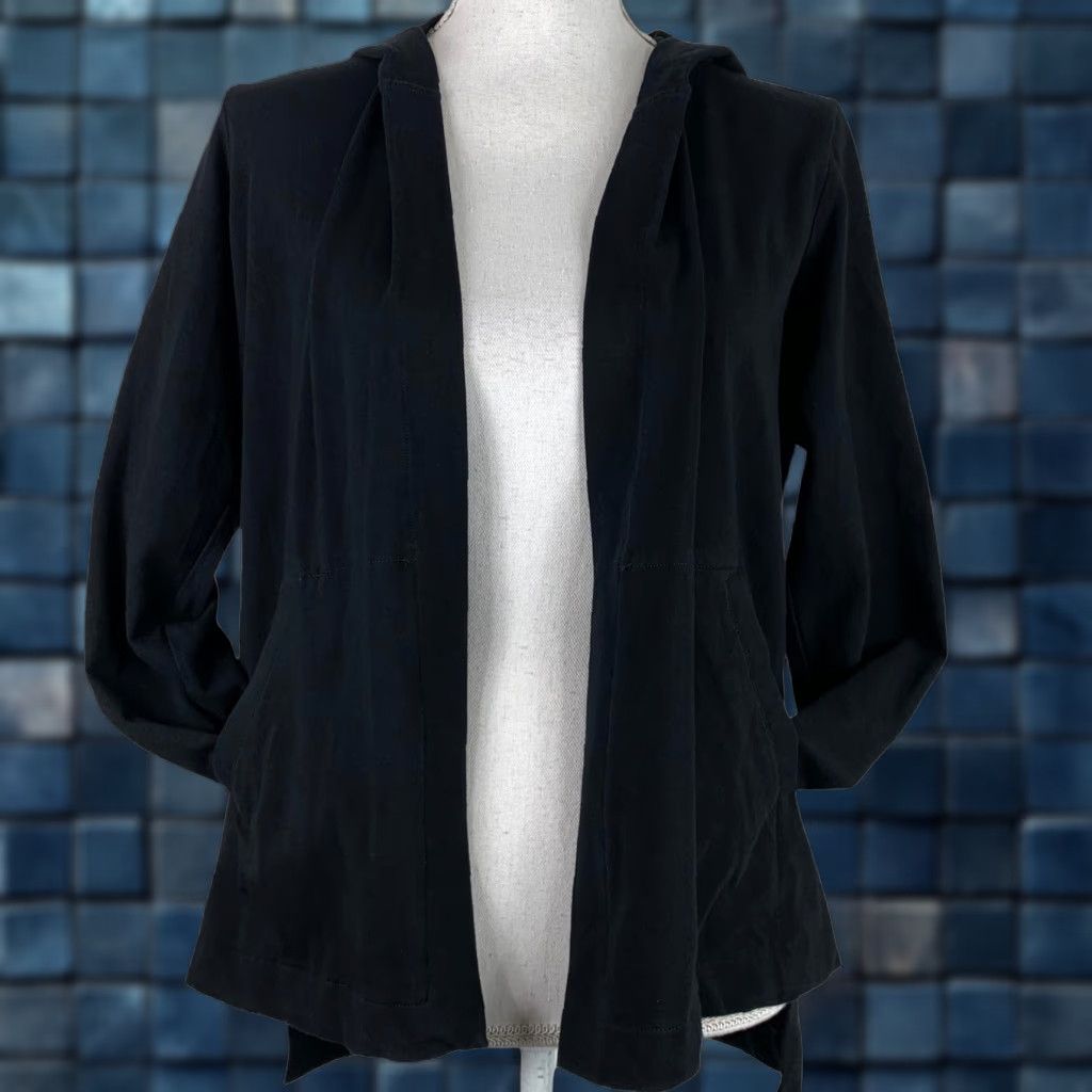 Eileen Fisher Black Cardigan Sweater Women XXS Hooded Pockets High-Low Classic