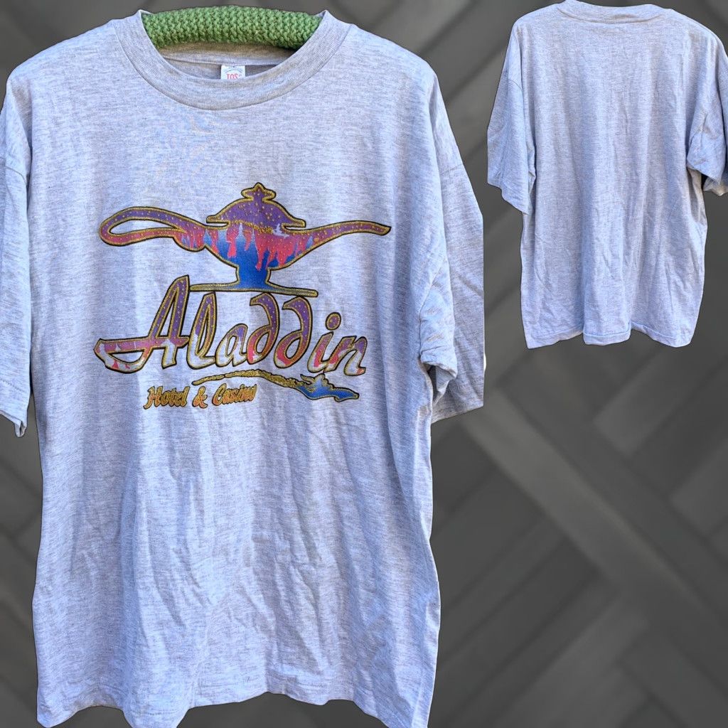 Paradise VINTAGE Tee-Paradise TOS Aladdin Hotel & Casino T-Shirt Single Stitch XL Gray Cotton Men Short Sleeve Crew Neck Graphic 90s souvenir Size US XL / EU 56 / 4 - 1 Thumbnail