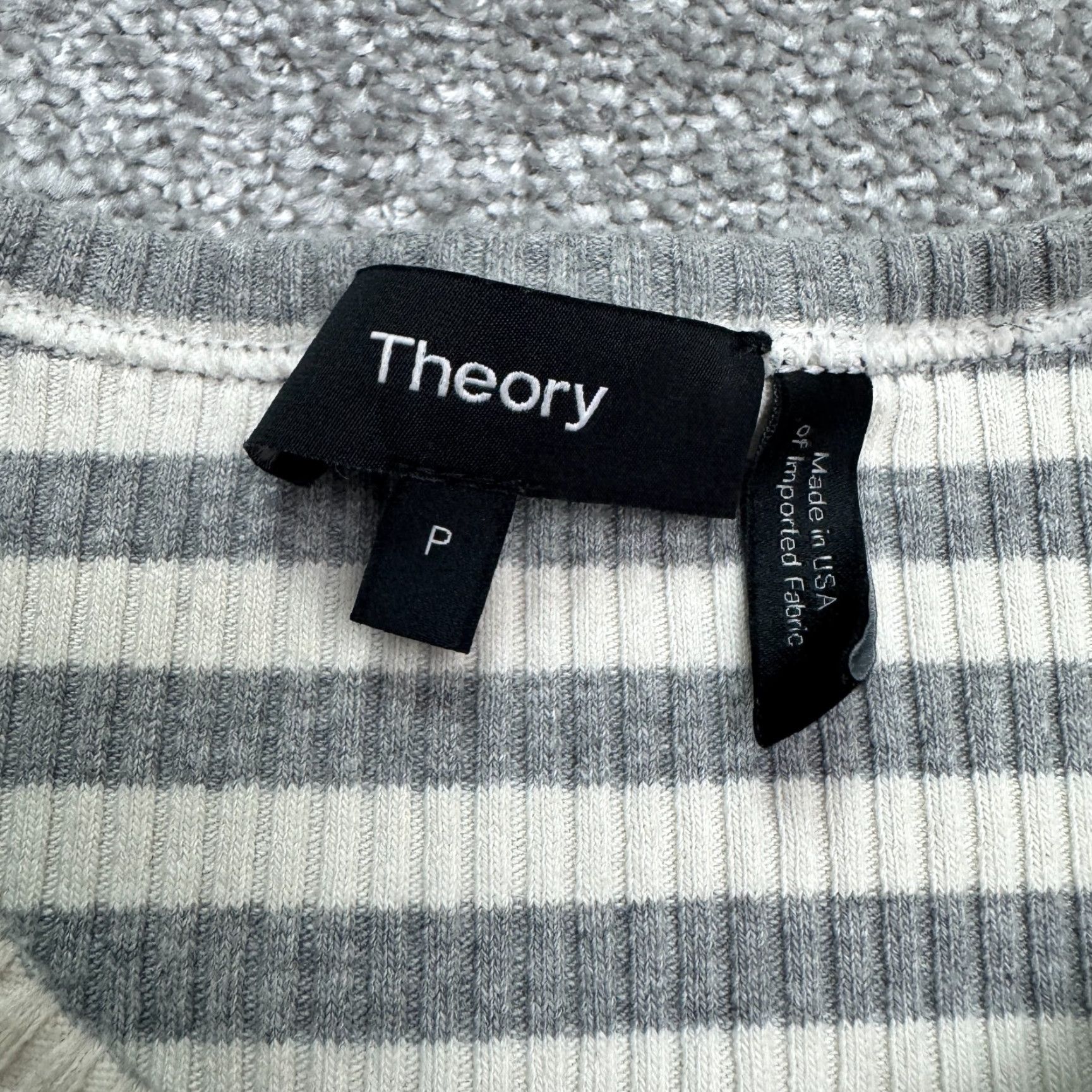 Theory Theory Bodycon Midi Dress Womens XSP Gray White Striped Crew Neck Knit Ribbed Cotton Blend Short Sleeve Vintage No Size XS / US 0-2 / IT 36-38 - 6 Thumbnail