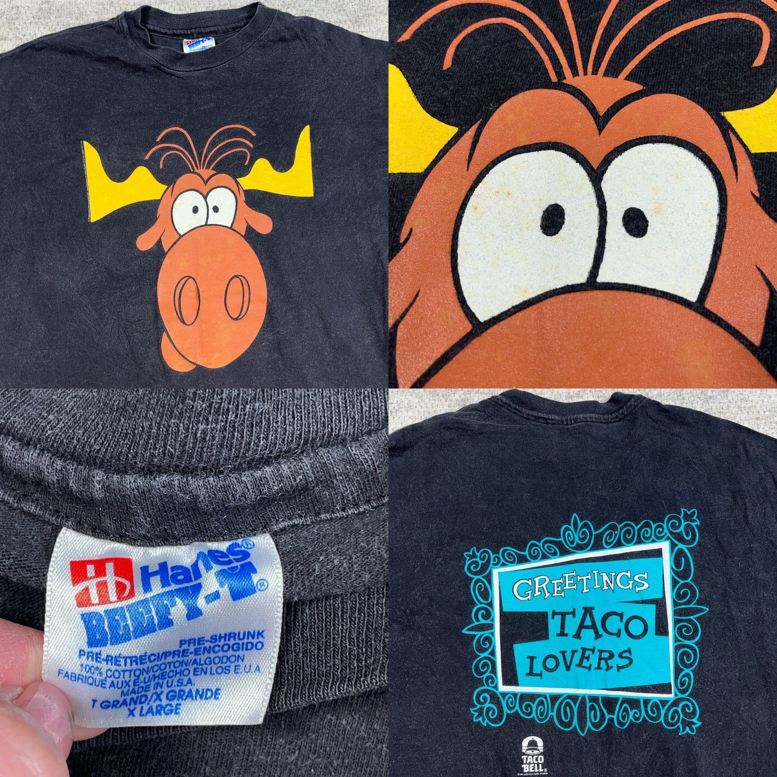 Hanes VINTAGE Hanes Rocky Bullwinkle Taco Bell Shirt Men XL Black Faded 90s Grunge Promo Logo Tee Shirt Size US XL / EU 56 / 4 - 8 Thumbnail