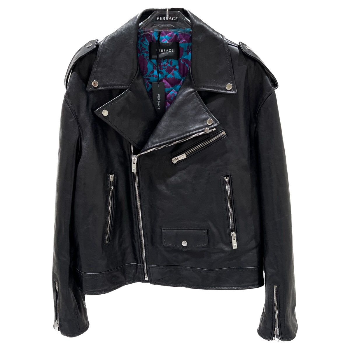 image of Versace Biker Leather Jacket In Medium in Black, Men's