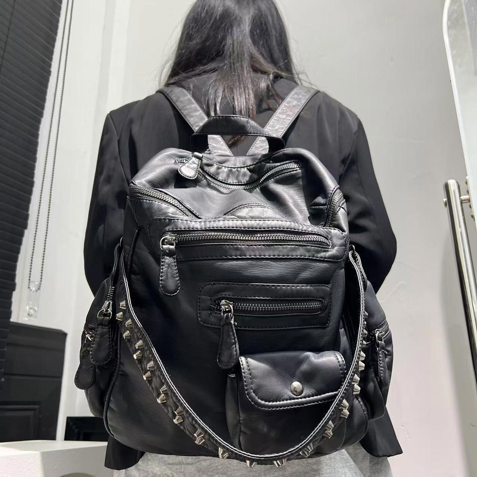 Leather Black Leather Studded Backpack, Multi-Pocket Casual Bag Size ONE SIZE - 2 Thumbnail