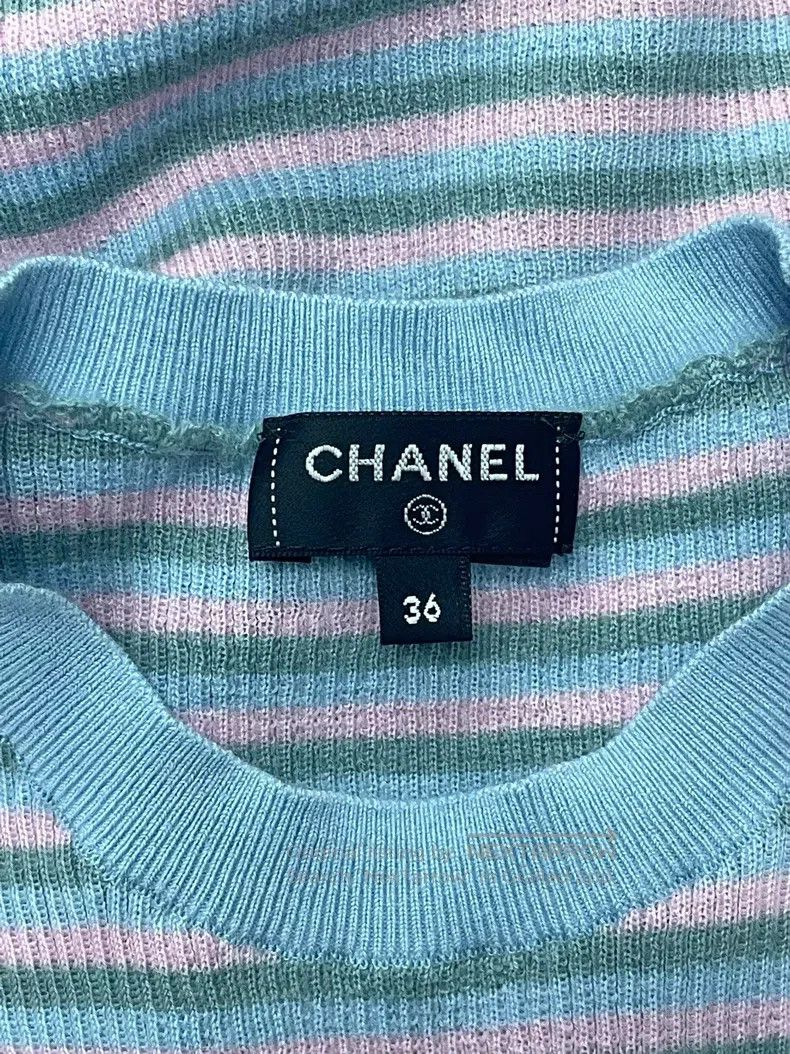 Chanel Chanel 25B pink blue striped cashmere short sleeves Size XS / US 0-2 / IT 36-38 - 4 Thumbnail