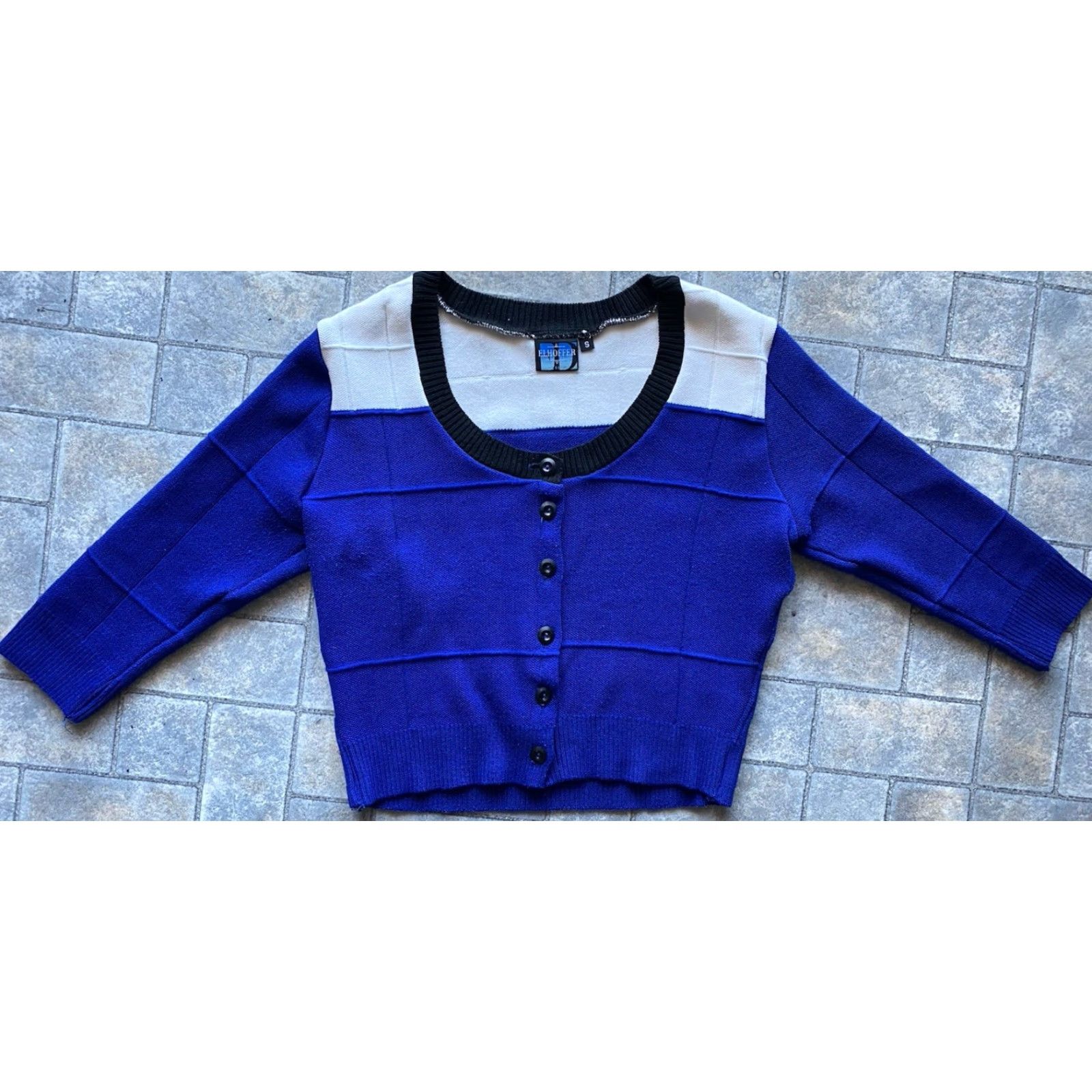 Vintage VINTAGE Elhoffer Design WOMENS SMALL Cropped Sweater Cardigan Blue White Made In USA Womens Small Cardigan USA Theme 90s? Size S / US 4 / IT 40 - 2 Thumbnail