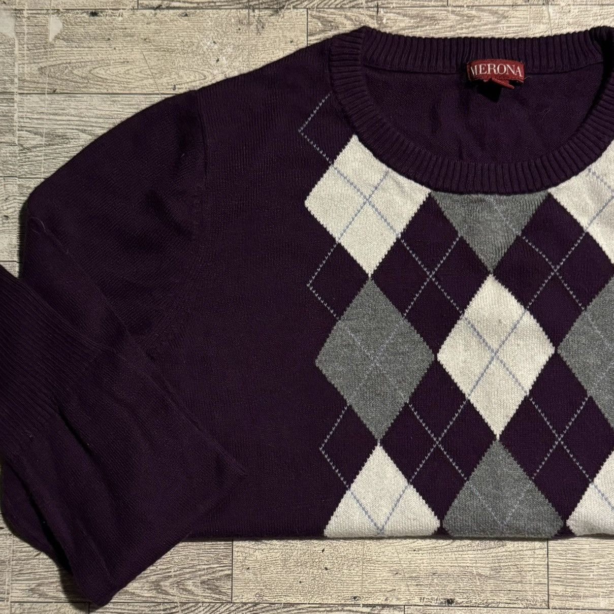 Merona Retro, Eggplant Purple, Argyle Patterned, Rayon Knit Sweater Size ONE SIZE - 12 Thumbnail