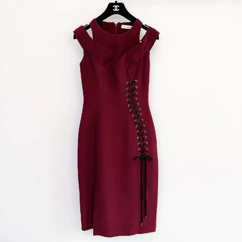 Dior Dior Burgundy Women's Midi Dress 0089 Size S / US 4 / IT 40 - 1 Thumbnail