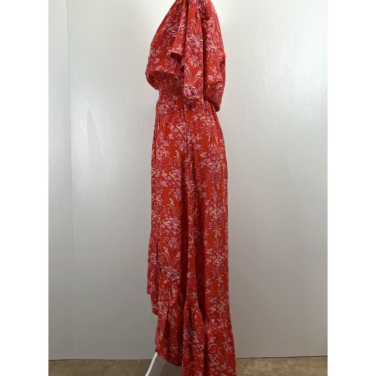 Vintage VINTAGE? No, but style: Abel The Label Maxi Dress Boho Hi Lo Floral V-Neck Short Sleeve Orange XS Women’s Regular Spring Summer Bohemian Dress Women Size XS / US 0-2 / IT 36-38 - 2 Thumbnail
