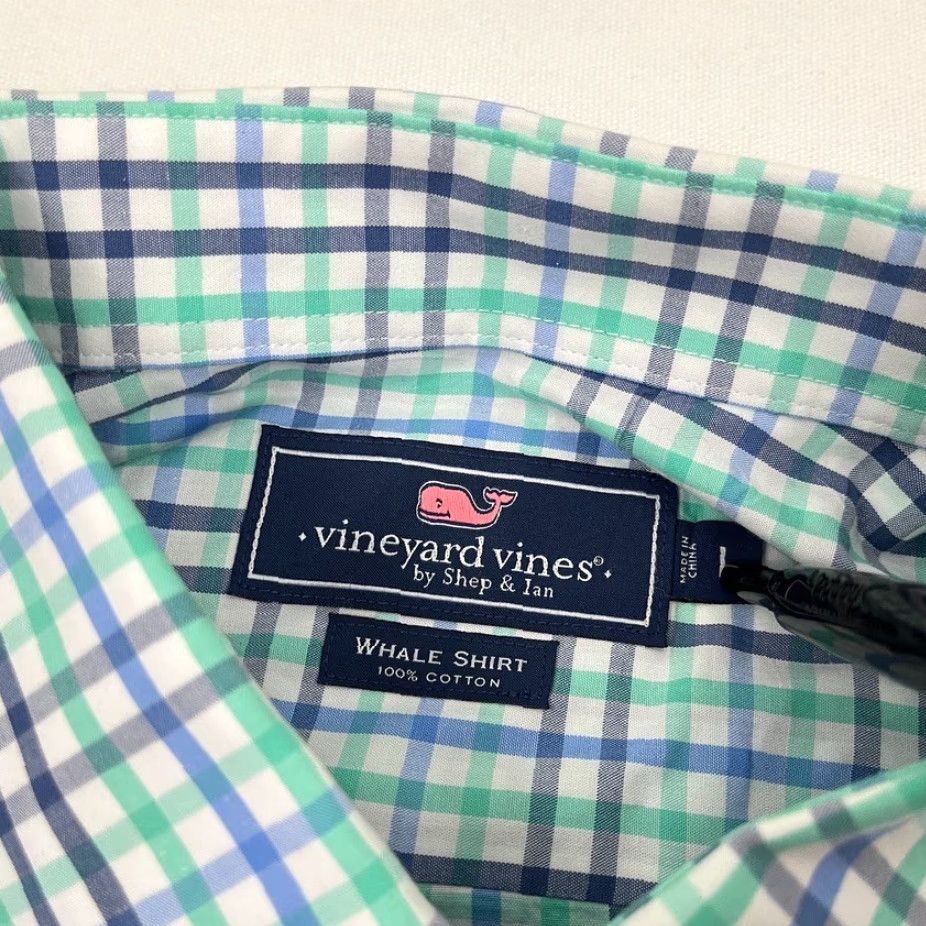 Vineyard Vines Vineyard Vines Whale Shirt Mens L Green White Blue Plaid Button-Up Dress Prep Shirt Size 42R - 4 Thumbnail