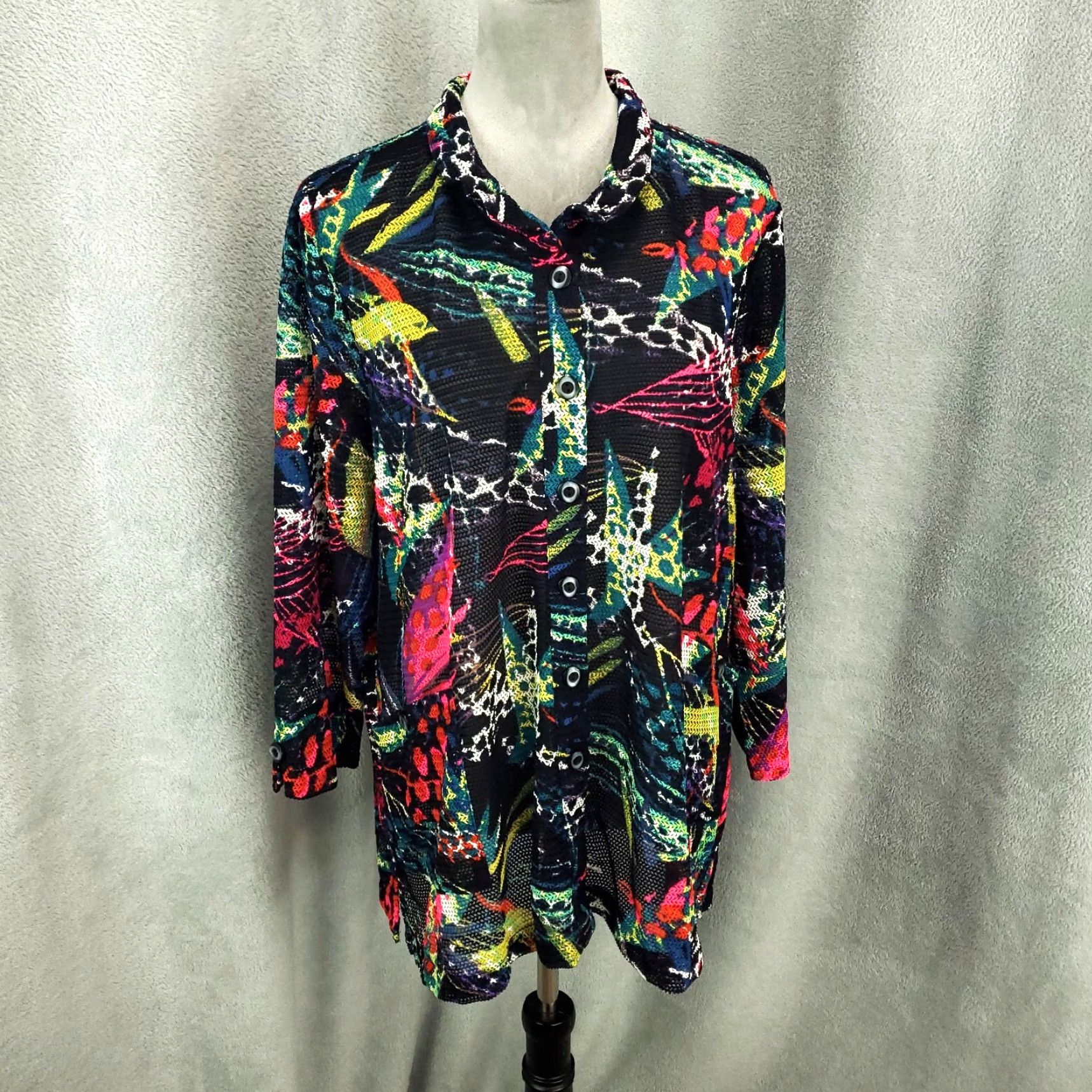 Vintage Ali Miles Top Womens Large Black Neon Open Knit Sheer Button Up Wire Neck Artsy Size L / US 10 / IT 46 - 2 Thumbnail