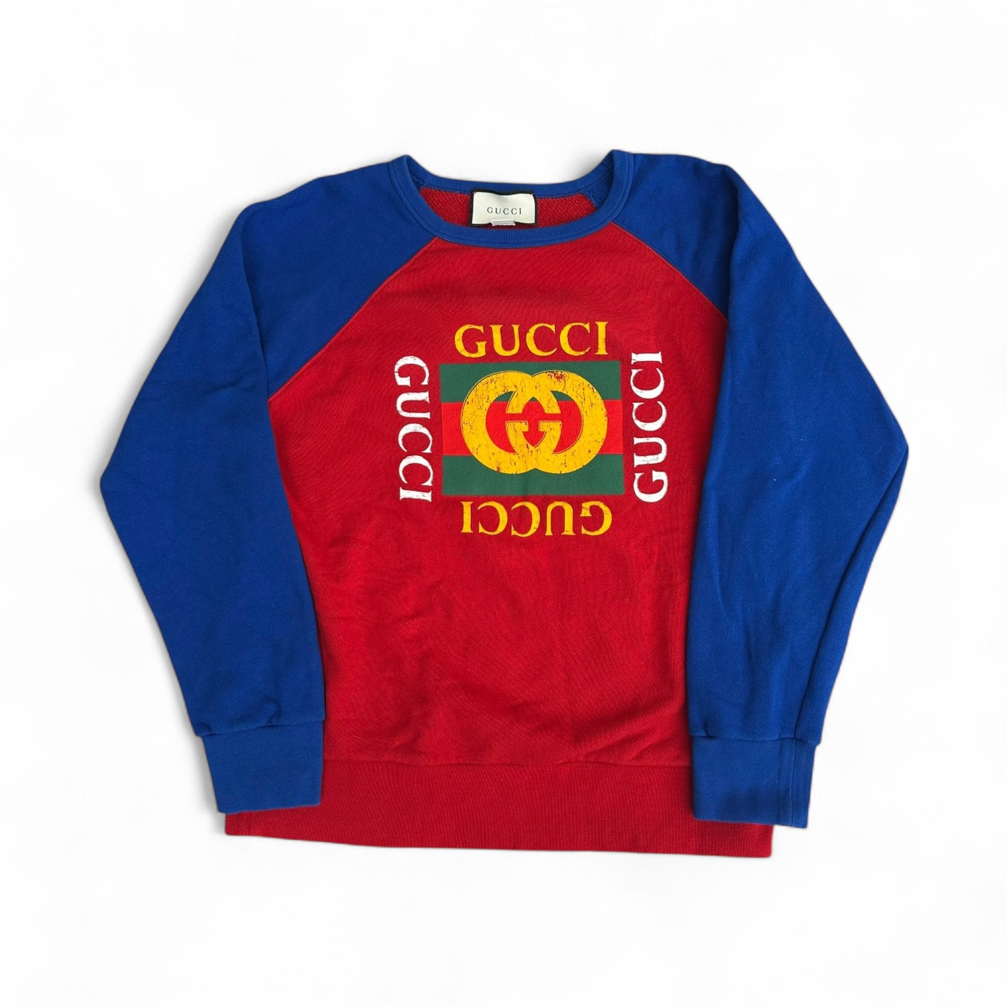 Gucci Sweatshirt Distressed Logo Print Red and Blue Crewneck