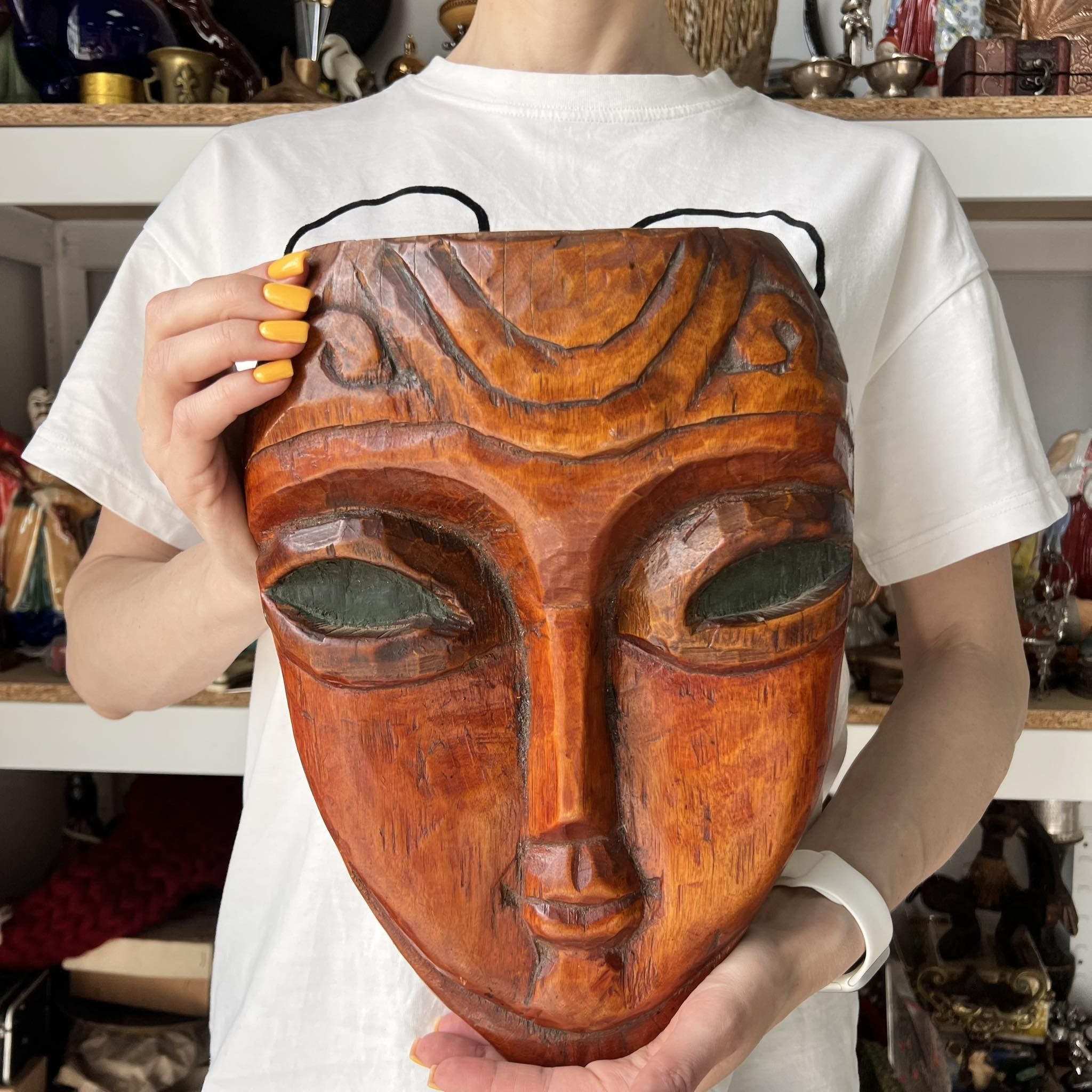 Handmade Vintage African Hand Carved Wall Plaque Mask Wood UFO Size ONE SIZE - 2 Thumbnail