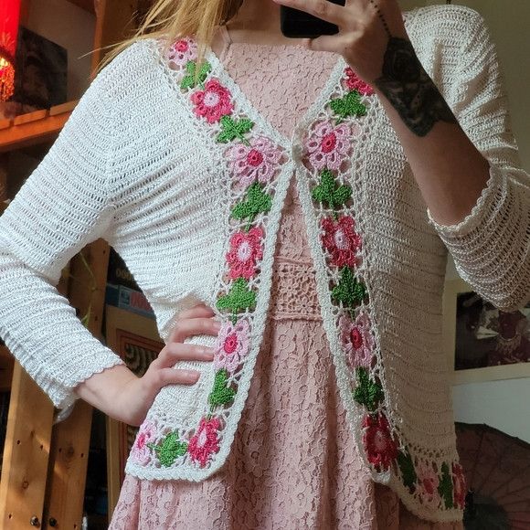 Vintage Vintage 90s crochet floral sheer cardigan handmade size m Size M / US 6-8 / IT 42-44 - 3 Thumbnail