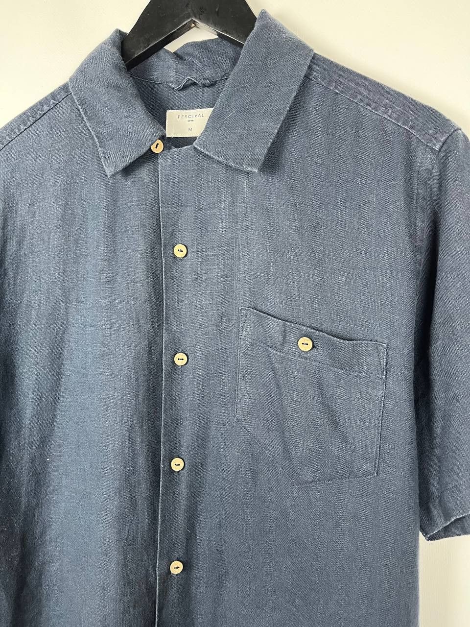 Percival Percival Men's 100% Linen Short Sleeve Shirt Navy Blue Size US M / EU 48-50 / 2 - 3 Thumbnail