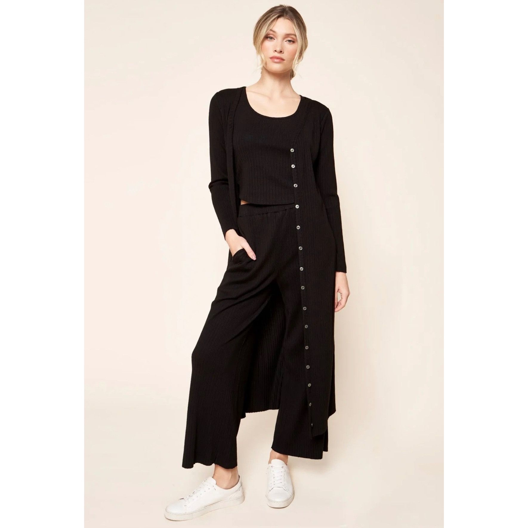 Other Sugar + Lips Black Ribbed Knit Button-Up Midi Cardigan Dress Size M / US 6-8 / IT 42-44 - 1 Thumbnail