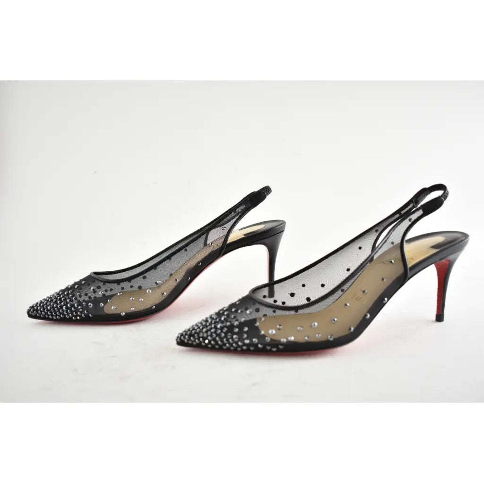 Christian Louboutin Follies Strass Sling 70 Black Leather Mesh Heel Pump 38 Size US 12 / IT 42 - 10 Thumbnail