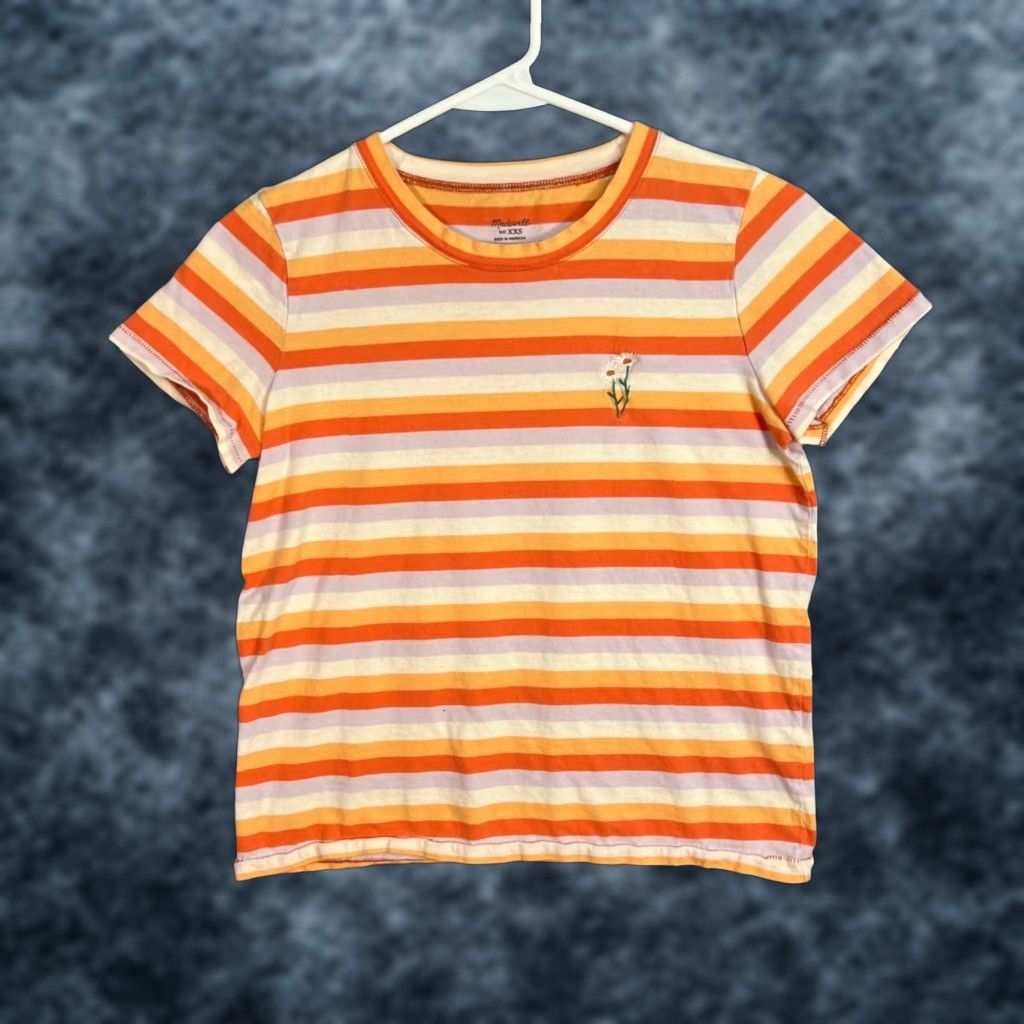 Madewell VINTAGE Madewell Striped Embroidered Daisy Tee XXS Orange White Cotton Casual Top Womens T-Shirt Size XXS / US 00 / IT 34 - 1 Thumbnail