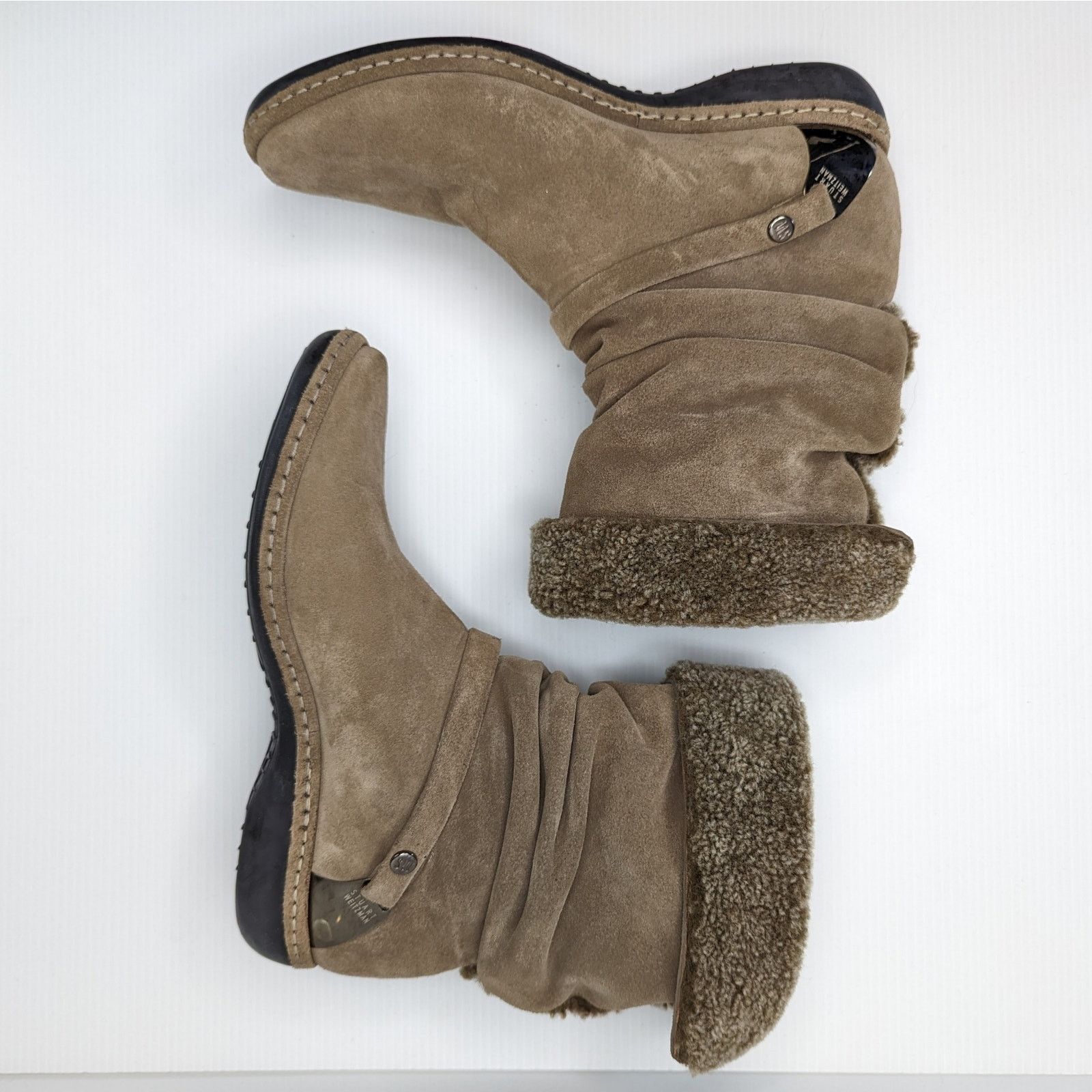 Stuart Weitzman pull-on fur-lined taupe suede booties size 6 Size US 6 / IT 36 - 8 Thumbnail