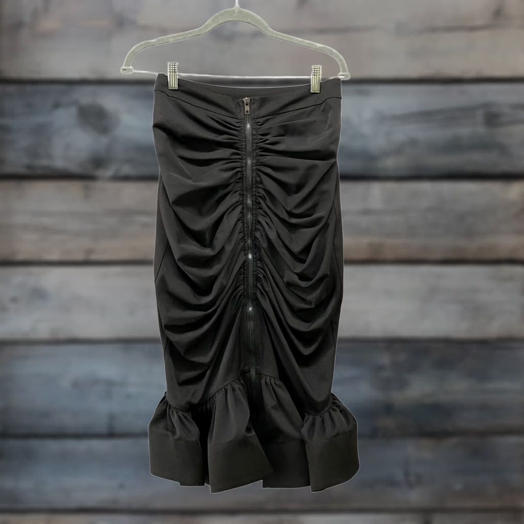Vintage Gracia Skirt Womens S Black Ruched Zipper Front Midi Bodycon Ruffle Size 28" / US 6 / IT 42 - 1 Thumbnail