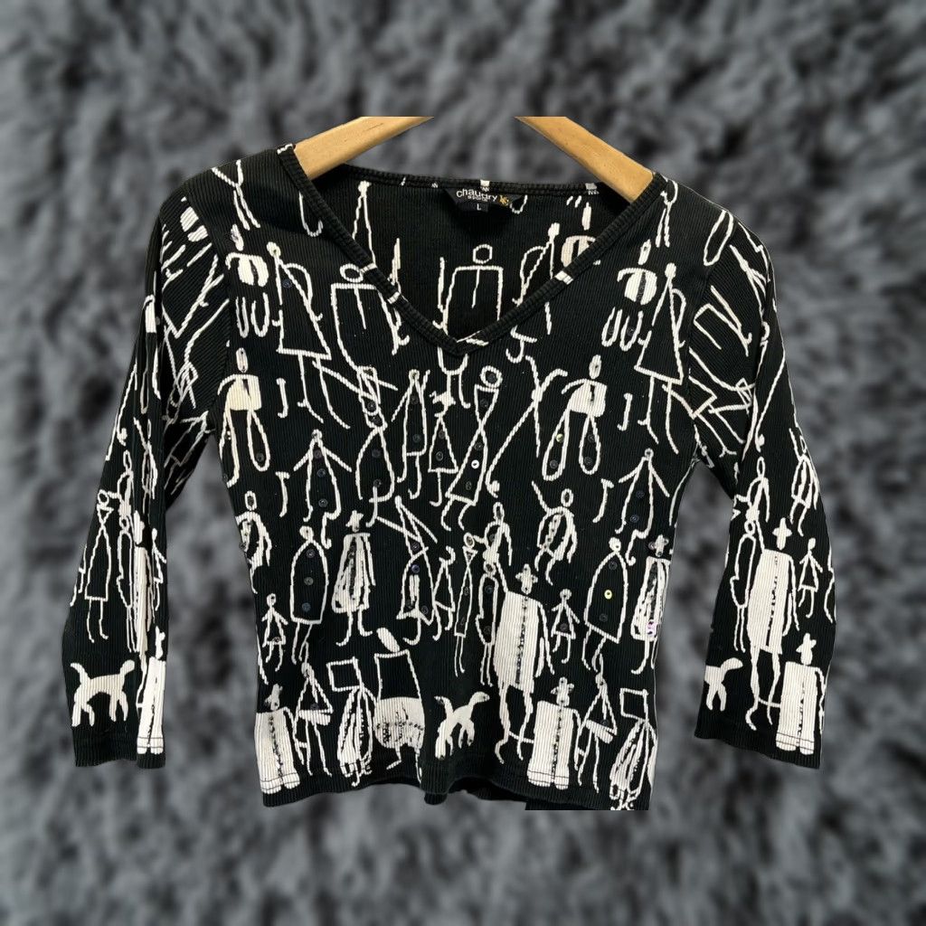 Vintage VINTAGE Chaudry Graphic Ribbed Crop Shirt Adult Large Black White Artsy 90s Cotton Blend Size L / US 10 / IT 46 - 1 Thumbnail
