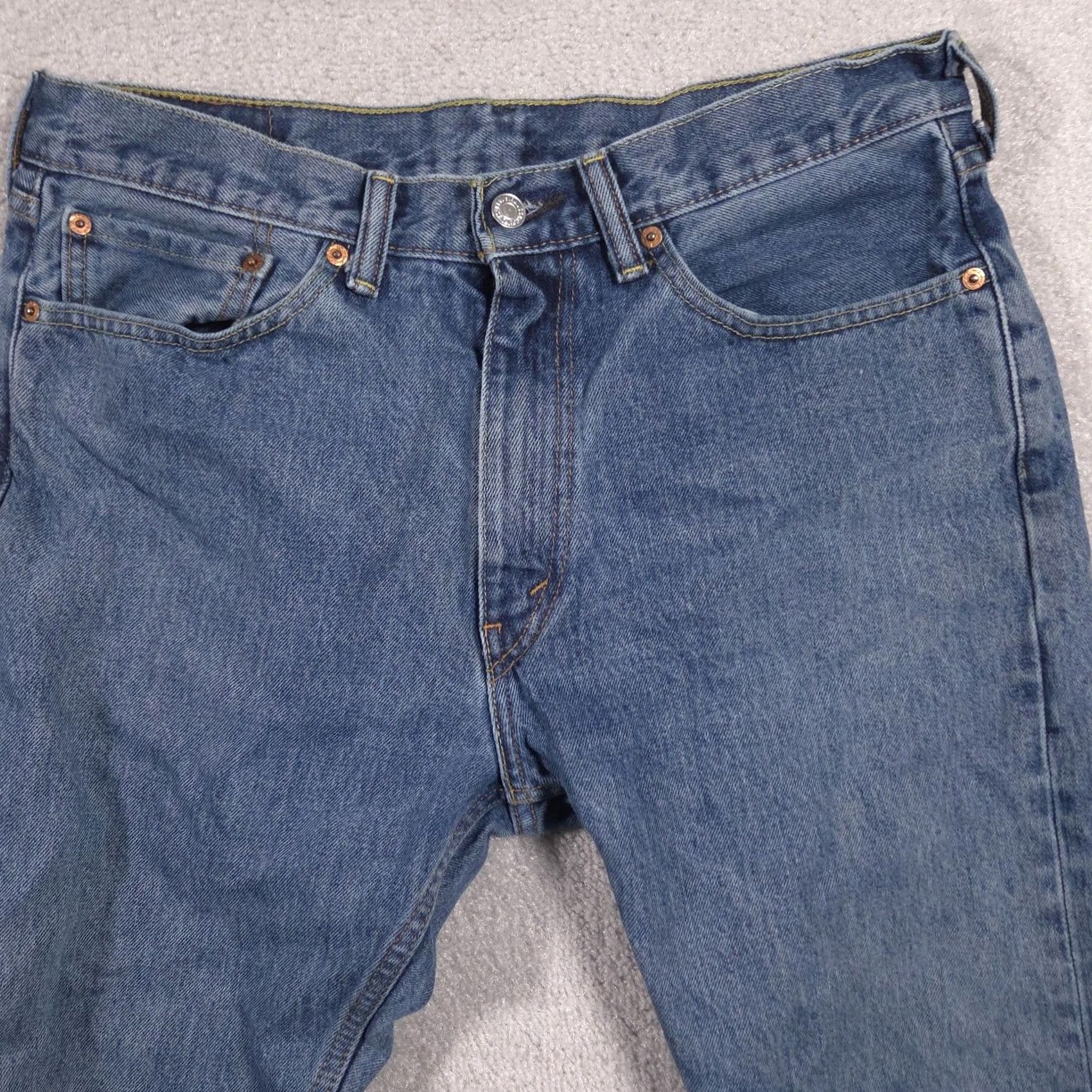 Levi's Levi's 505 Jeans Mens 34x30 Blue Denim Straight Leg Cropped Raw Hem Distressed Cotton Regular Inseam 30in Zip Button Pockets Vintage No Mens Jeans Size US 34 / EU 50 - 3 Thumbnail
