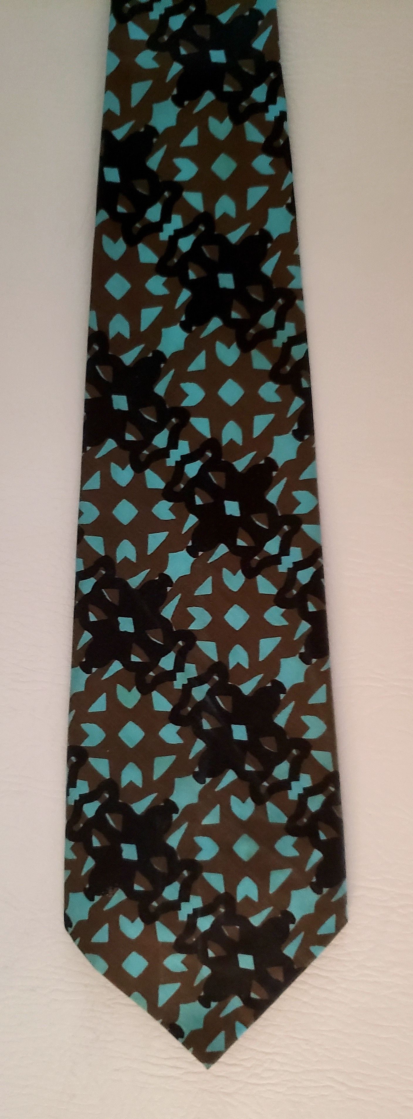 Vintage mod geometric neck tie 1970s cotton olive turquoise Size ONE SIZE - 2 Thumbnail