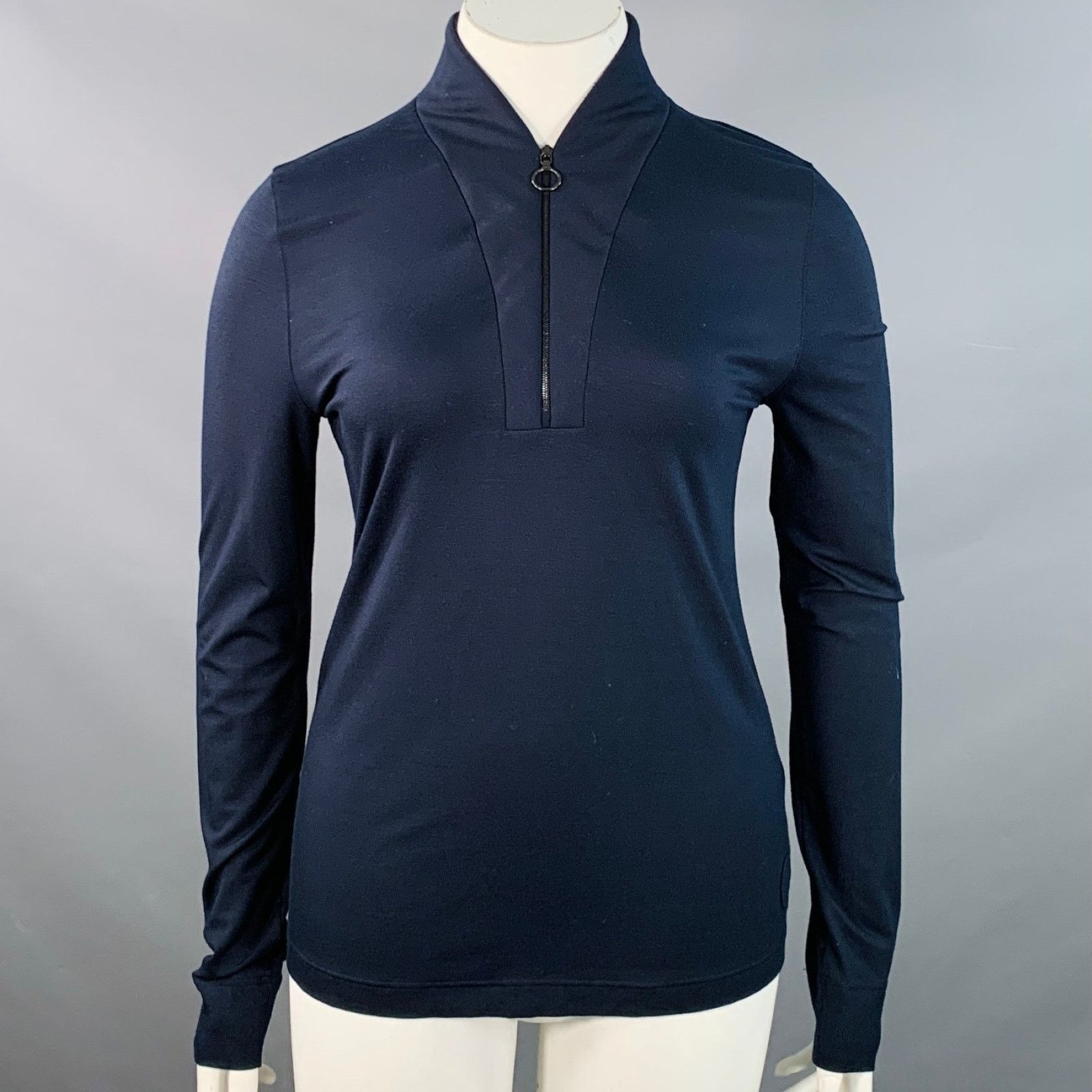 Akris Size 14 Navy Modal Blend Collarless 1/4 Zip Pullover Size XL / US 12-14 / IT 48-50 - 1 Thumbnail