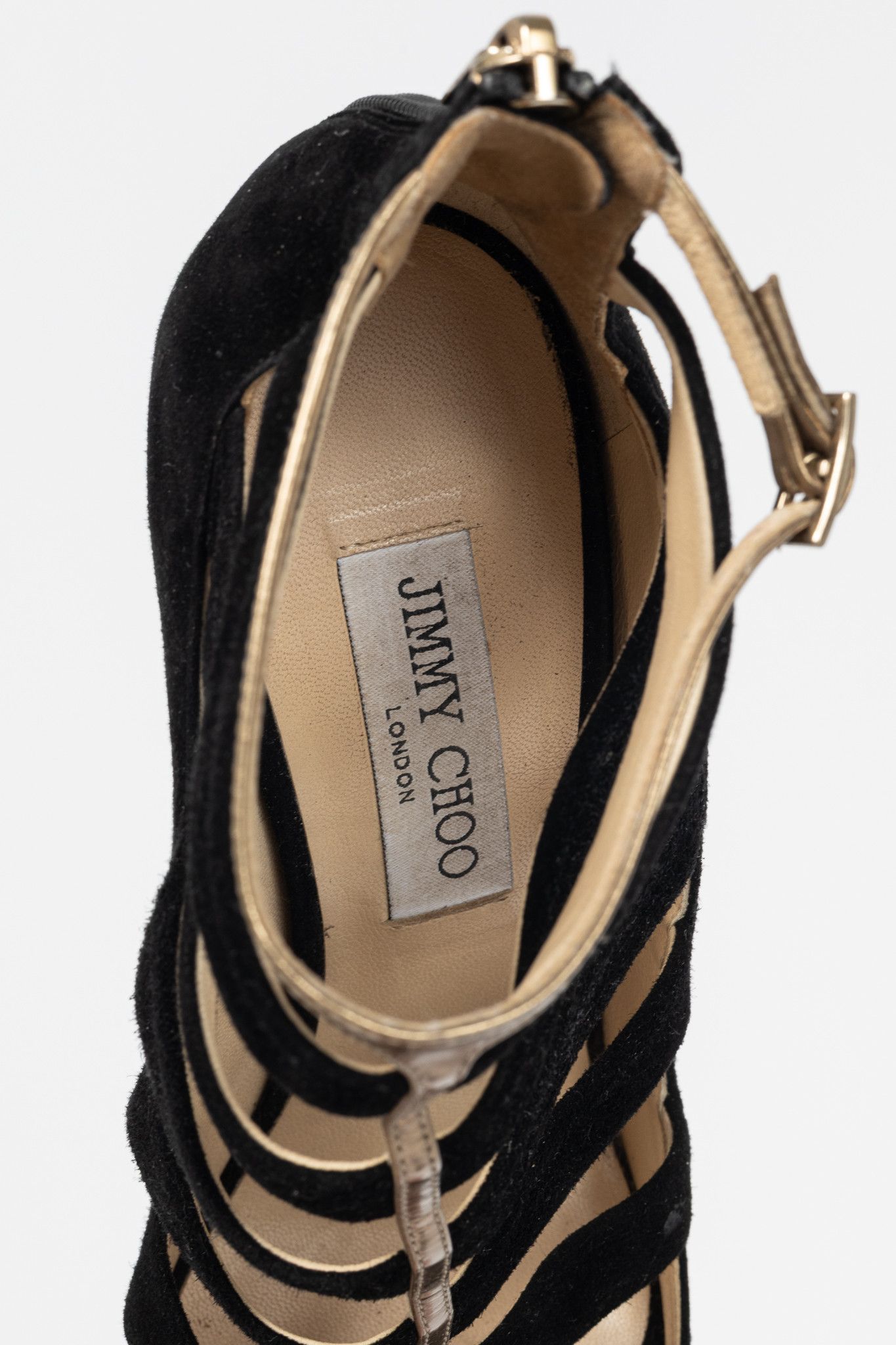 Jimmy Choo Jimmy Choo Fathom Black & Gold Suede Strappy Sandals Size US 7.5 / IT 37.5 - 11 Thumbnail