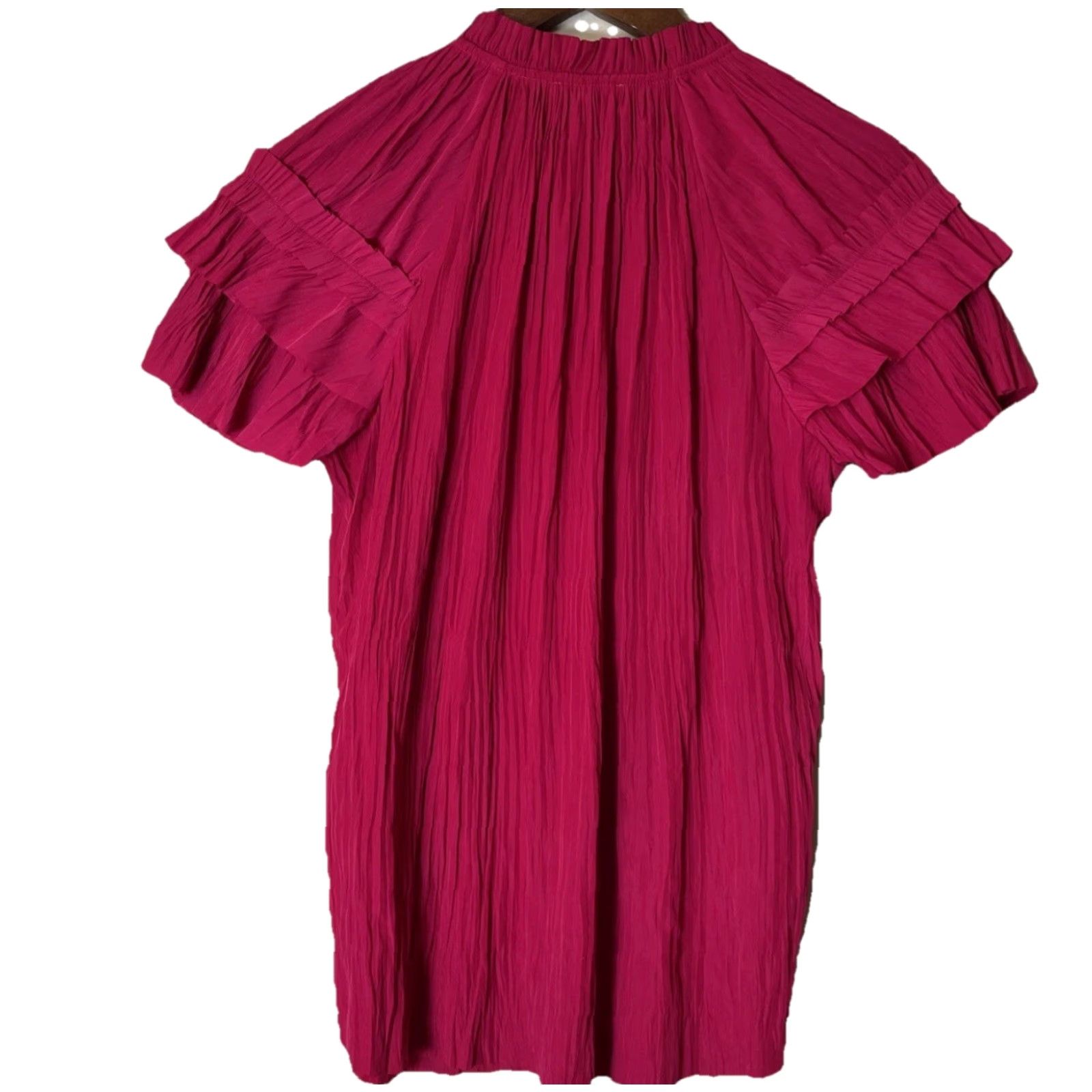 Vintage Chico's Blouse Shirt V-Neck Short Sleeve Flutter Sleeve Pleated Ruffle Polyester Red Pink 6 Regular Women Adjustable Packable All Seasons Size M / US 6-8 / IT 42-44 - 4 Thumbnail