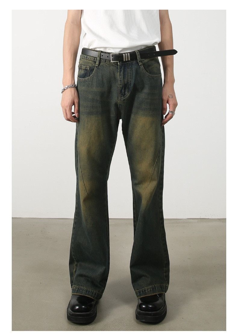 image of Faded Wash Flared Denim Jeans, Wide Leg Jeans in Dark Blue/Green, Men's (Size 30)