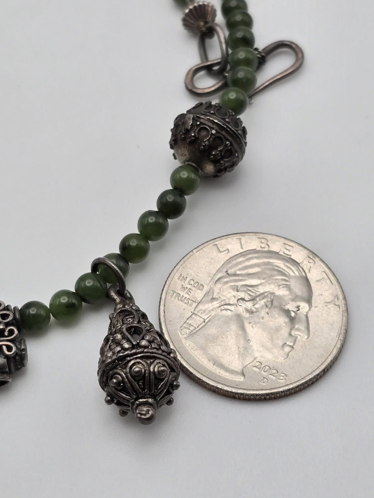 The Unbranded Brand Vintage Sterling Silver & Jadeite Necklace Ornate Dangles Size ONE SIZE - 9 Thumbnail