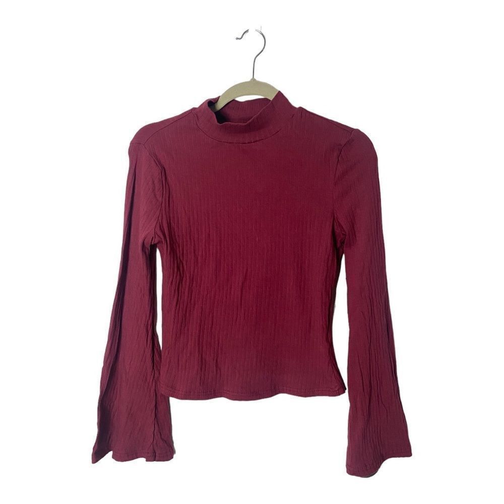 Shein SHEIN Burgundy Ribbed Bell Sleeve Top | Size S | Mock Neck L Size S / US 4 / IT 40 - 4 Thumbnail